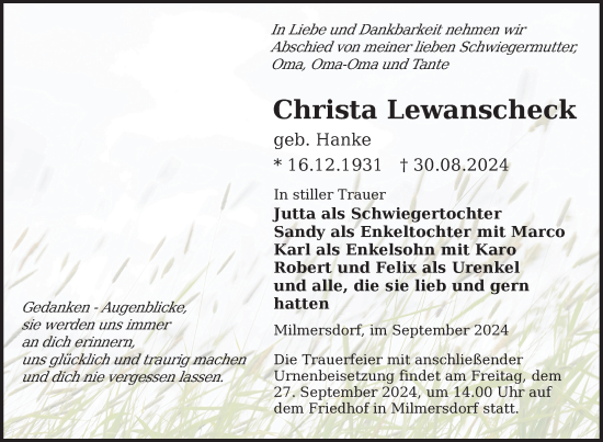 Traueranzeige von Christa Lewanscheck von Uckermark Kurier Templiner Zeitung