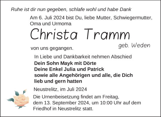 Traueranzeige von Christa Tramm von Nordkurier Strelitzer Zeitung