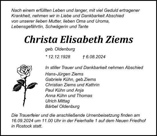 Traueranzeige von Christa Elisabeth Ziems von Norddeutsche Neueste Nachrichten