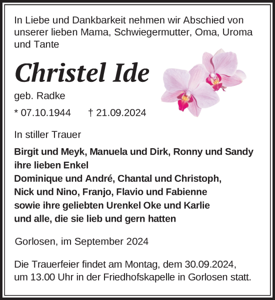 Traueranzeige von Christel Ide von Ludwigsluster Tageblatt