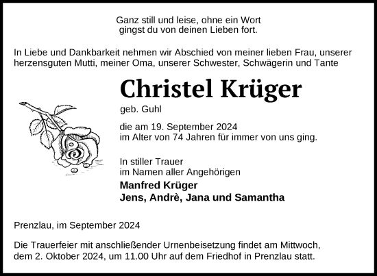 Traueranzeige von Christel Krüger von Uckermark Kurier Prenzlauer Zeitung