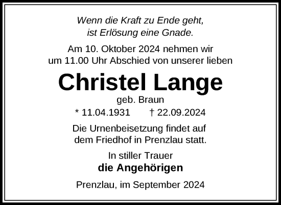 Traueranzeige von Christel Lange von Uckermark Kurier Prenzlauer Zeitung