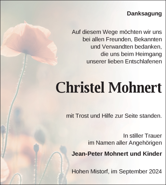 Traueranzeige von Christel Mohnert von Nordkurier Grosso