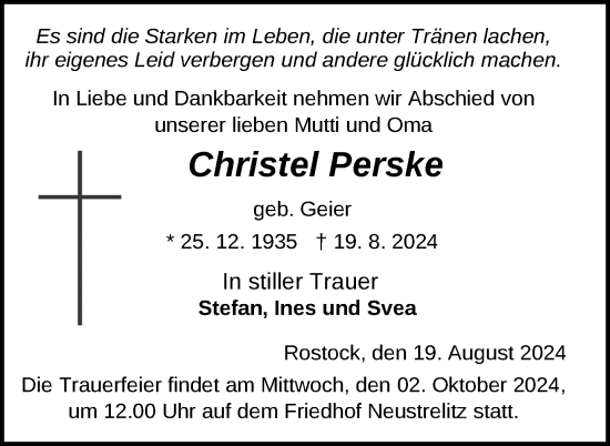 Traueranzeige von Christel Perske von Nordkurier Strelitzer Zeitung