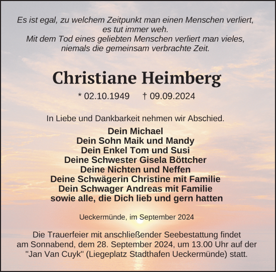 Traueranzeige von Christiane Heimberg von Nordkurier Haff-Zeitung