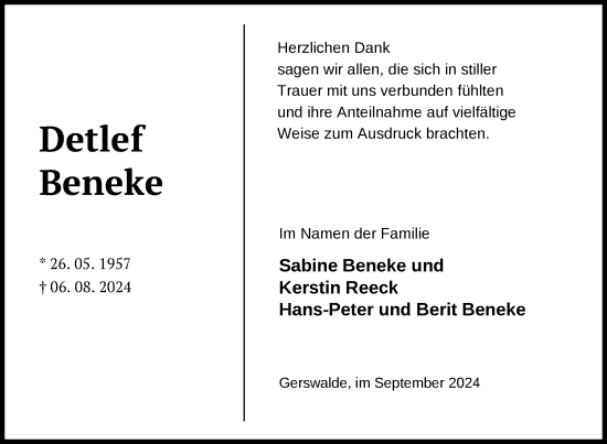 Traueranzeige von Detlef Beneke von Uckermark Kurier Prenzlauer Zeitung