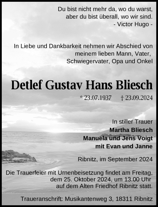 Traueranzeige von Detlef Gustav Hans Bliesch von Hagenower Kreisblatt