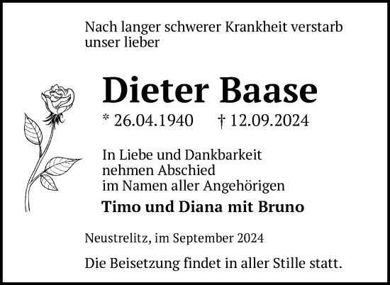 Traueranzeige von Dieter Baase von Nordkurier Strelitzer Zeitung