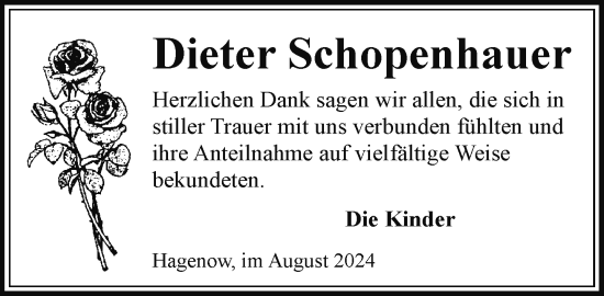 Traueranzeige von Dieter Schopenhauer von Hagenower Kreisblatt