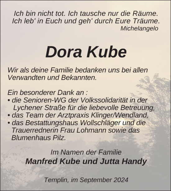 Traueranzeige von Dora Kube von Uckermark Kurier Templiner Zeitung