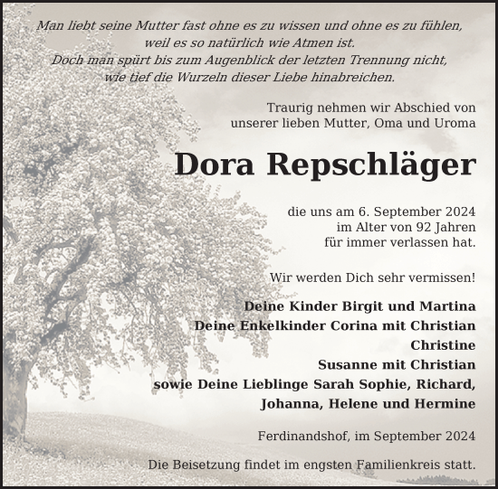 Traueranzeige von Dora Repschläger von Nordkurier Haff-Zeitung