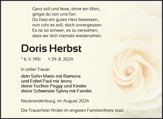 Traueranzeige von Doris Herbst von Nordkurier Neubrandenburger Zeitung