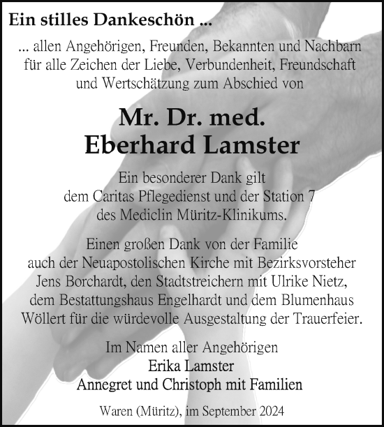 Traueranzeige von Eberhard Lamster von Nordkurier Müritz-Zeitung