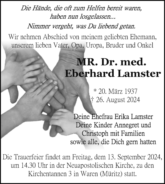 Traueranzeige von Eberhard Lamster von Nordkurier Müritz-Zeitung