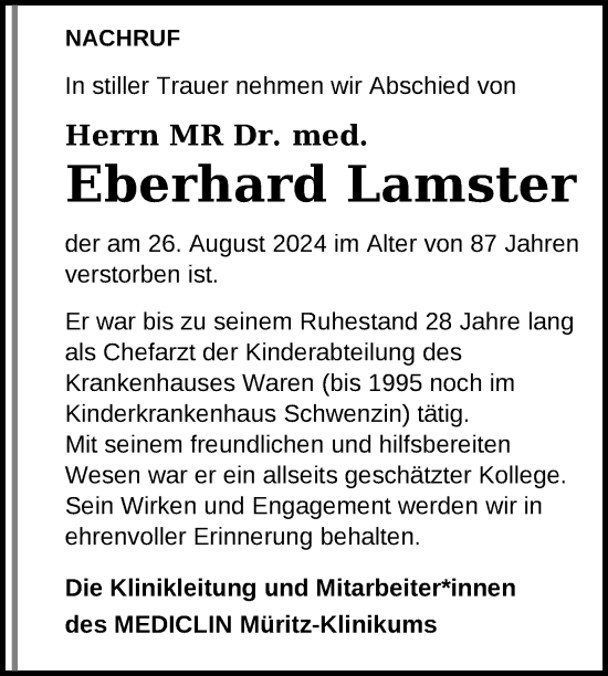 Traueranzeige von Eberhard Lamster von Nordkurier Müritz-Zeitung