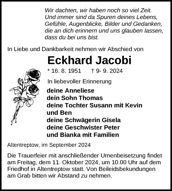 Traueranzeige von Eckhard Jacobi von Nordkurier Neubrandenburger Zeitung