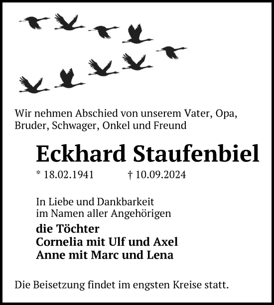 Traueranzeige von Eckhard Staufenbiel von Uckermark Kurier Templiner Zeitung