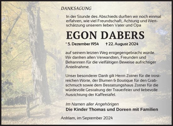 Traueranzeige von Egon Dabers von Nordkurier Vorpommern Kurier