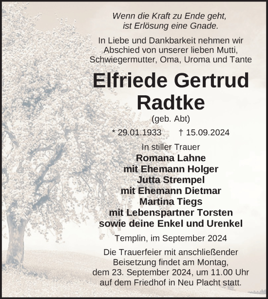 Traueranzeige von Elfriede Gertrud Radtke von Uckermark Kurier Templiner Zeitung