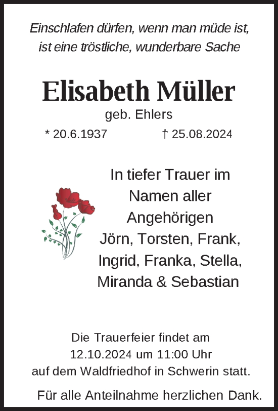 Traueranzeige von Elisabeth Müller von SVZ / NNN / PRI Gesamt