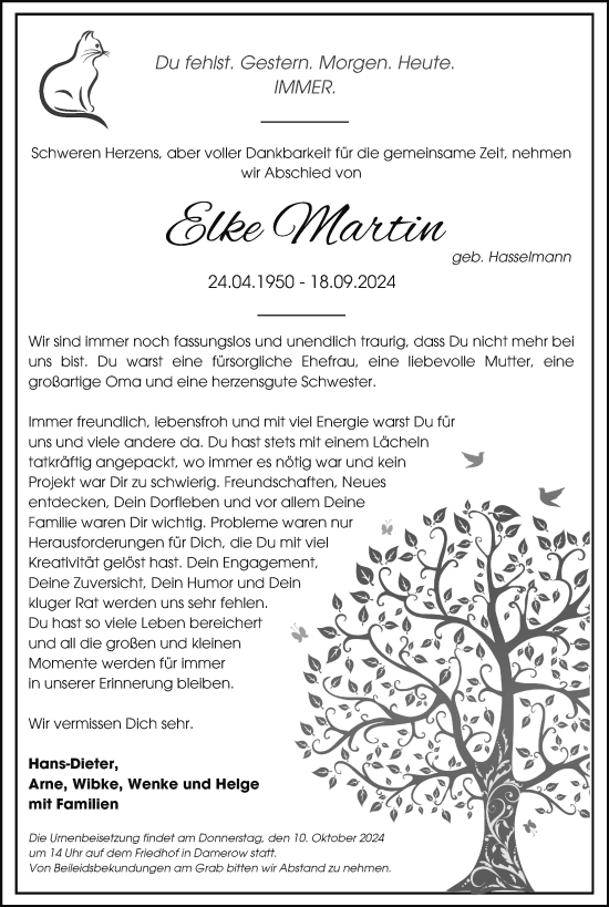 Traueranzeige von Elke Martin von Nordkurier Strelitzer Zeitung