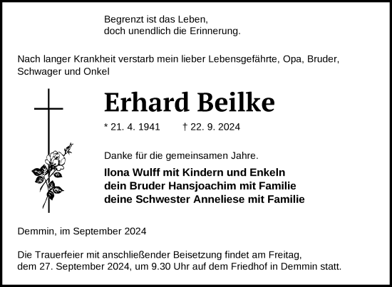 Traueranzeige von Erhard Beilke von Nordkurier Demminer Zeitung