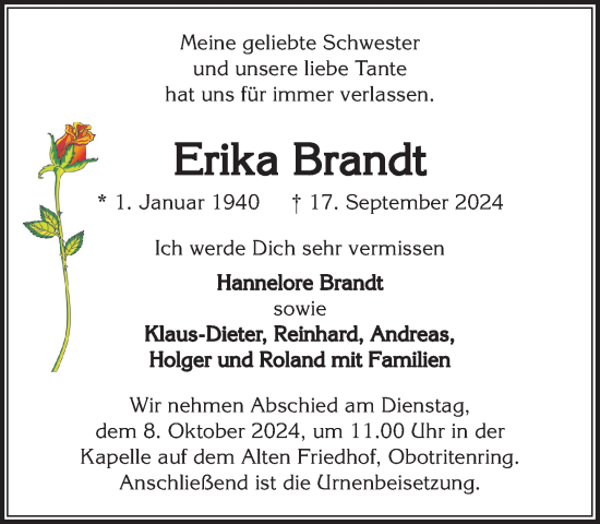 Traueranzeige von Erika Brandt von Zeitung für die Landeshauptstadt