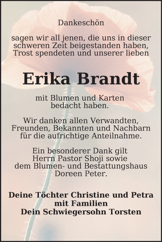 Traueranzeige von Erika Brandt von Nordkurier Neubrandenburger Zeitung