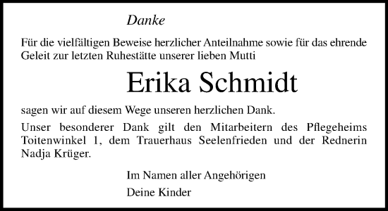 Traueranzeige von Erika Schmidt von Norddeutsche Neueste Nachrichten