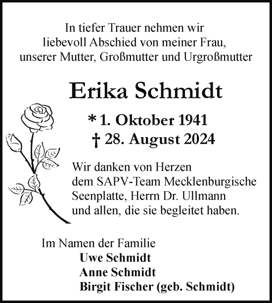 Traueranzeige von Erika Schmidt von Nordkurier Müritz-Zeitung