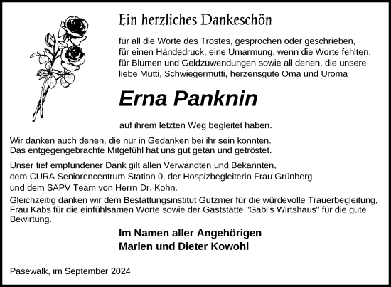 Traueranzeige von Erna Panknin von Nordkurier Pasewalker Zeitung