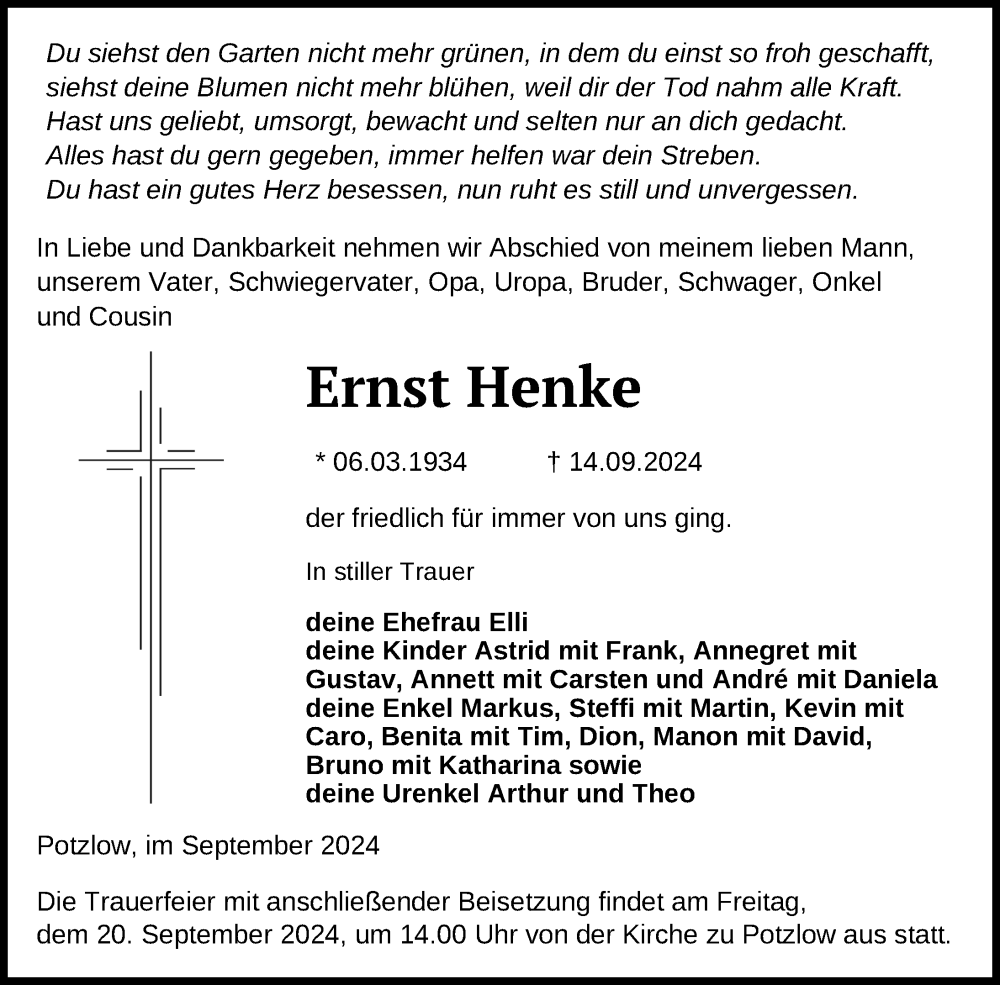  Traueranzeige für Ernst Henke vom 18.09.2024 aus Uckermark Kurier Prenzlauer Zeitung