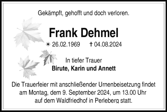 Traueranzeige von Frank Dehmel von Der Prignitzer, Prignitz Express