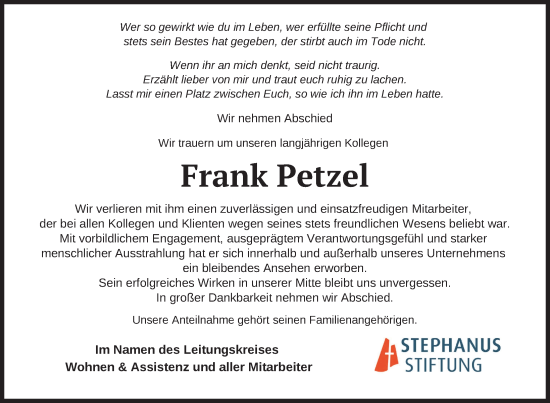 Traueranzeige von Frank Petzel von Uckermark Kurier Templiner Zeitung