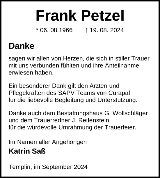 Traueranzeige von Frank Petzel von Uckermark Kurier Templiner Zeitung