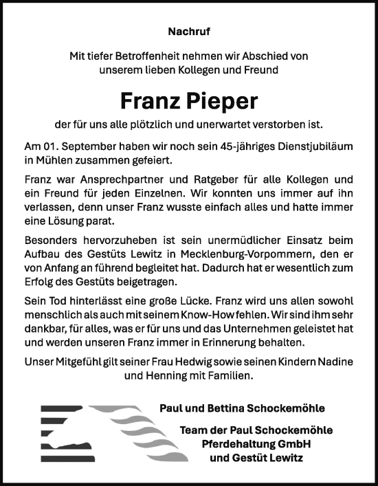 Traueranzeige von Franz Pieper von Zeitung für die Landeshauptstadt