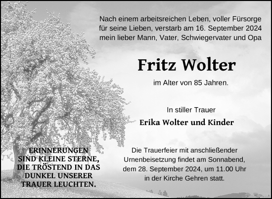 Traueranzeige von Fritz Wolter von Nordkurier Pasewalker Zeitung