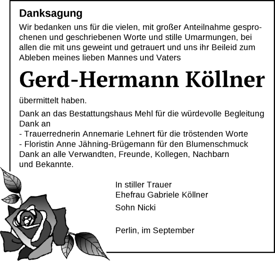 Traueranzeige von Gerd-Hermann Köllner von Gadebusch - Rehnaer Zeitung