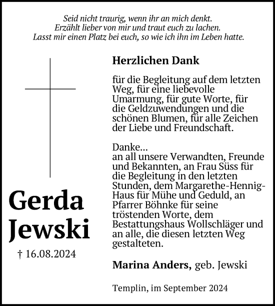 Traueranzeige von Gerda Jewski von Uckermark Kurier Templiner Zeitung