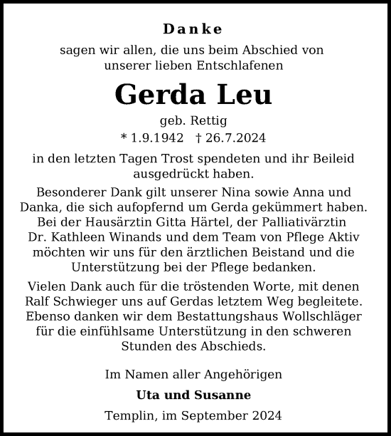 Traueranzeige von Gerda Leu von Uckermark Kurier Templiner Zeitung