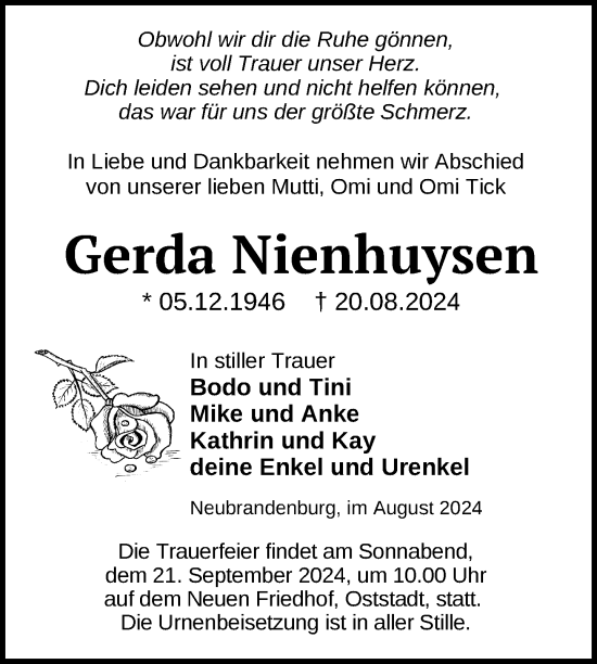 Traueranzeige von Gerda Nienhuysen von Nordkurier Neubrandenburger Zeitung