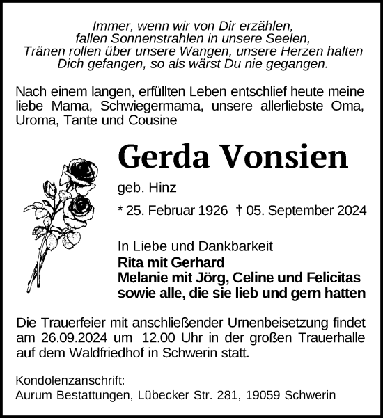 Traueranzeige von Gerda Vonsien von Zeitung für die Landeshauptstadt