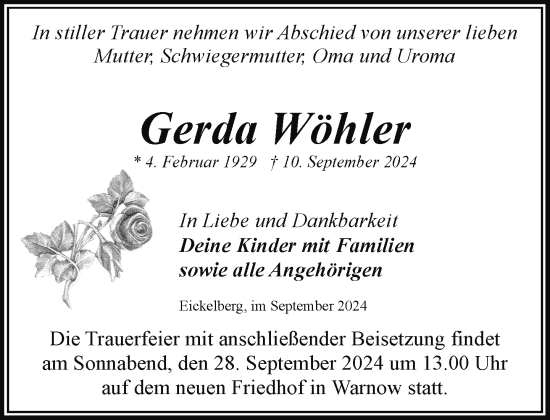 Traueranzeige von Gerda Wöhler von Güstrow und Bützow