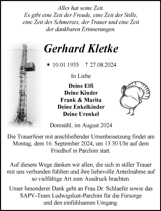 Traueranzeige von Gerhard Kletke von Parchim und Lübz