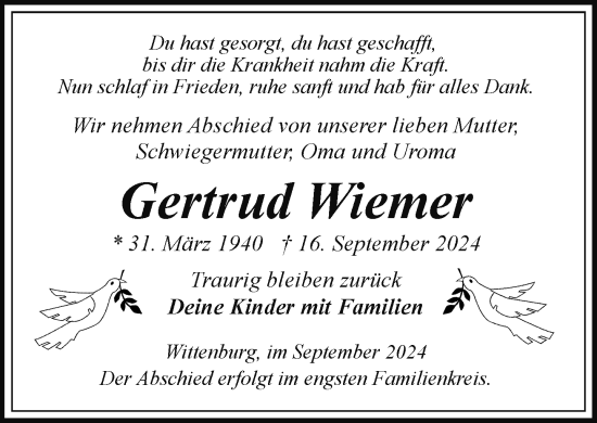 Traueranzeige von Gertrud Wiemer von Hagenower Kreisblatt