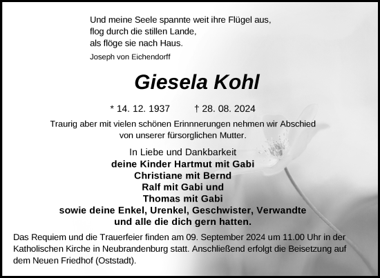 Traueranzeige von Giesela Kohl von Nordkurier Neubrandenburger Zeitung