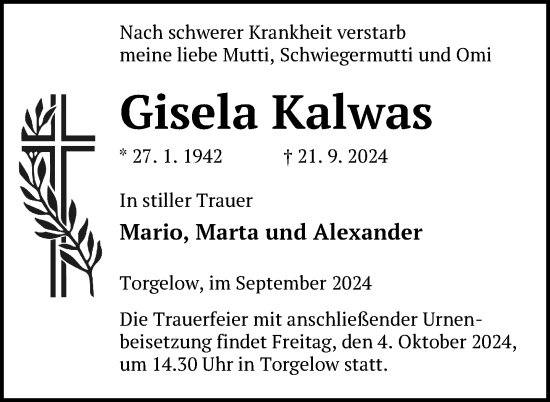 Traueranzeige von Gisela Kalwas von Nordkurier Haff-Zeitung