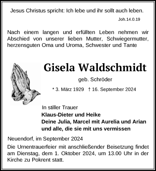 Traueranzeige von Gisela Waldschmidt von Gadebusch - Rehnaer Zeitung