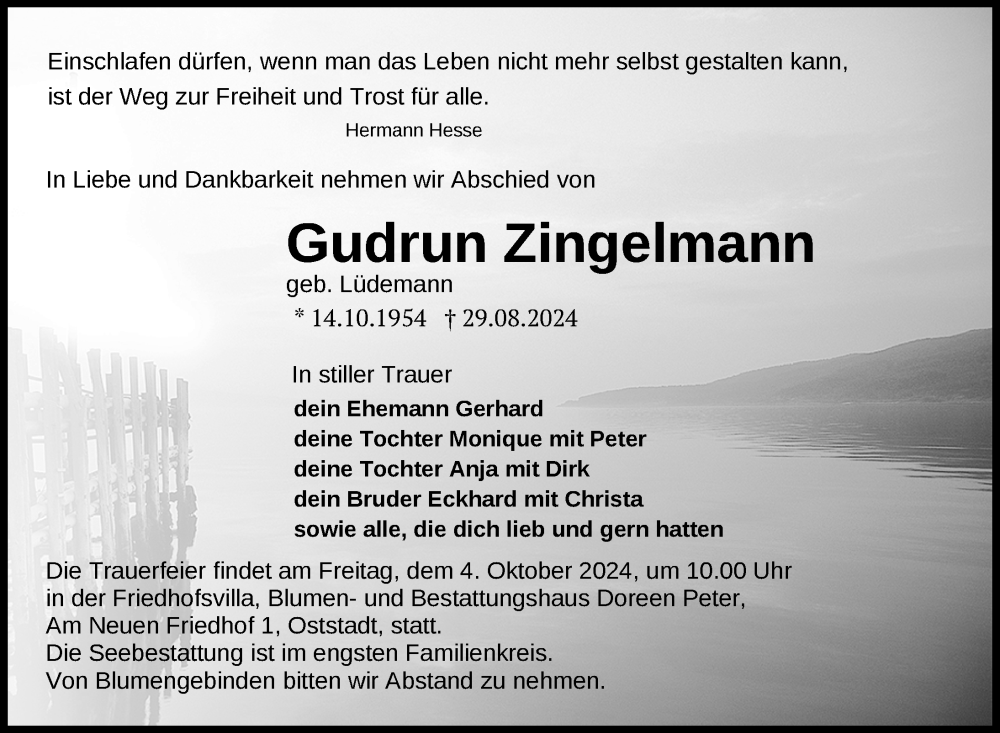  Traueranzeige für Gudrun Zingelmann vom 14.09.2024 aus Nordkurier Neubrandenburger Zeitung