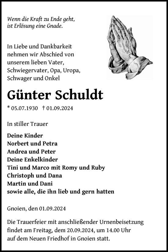 Traueranzeige von Günter Schuldt von Nordkurier Grosso